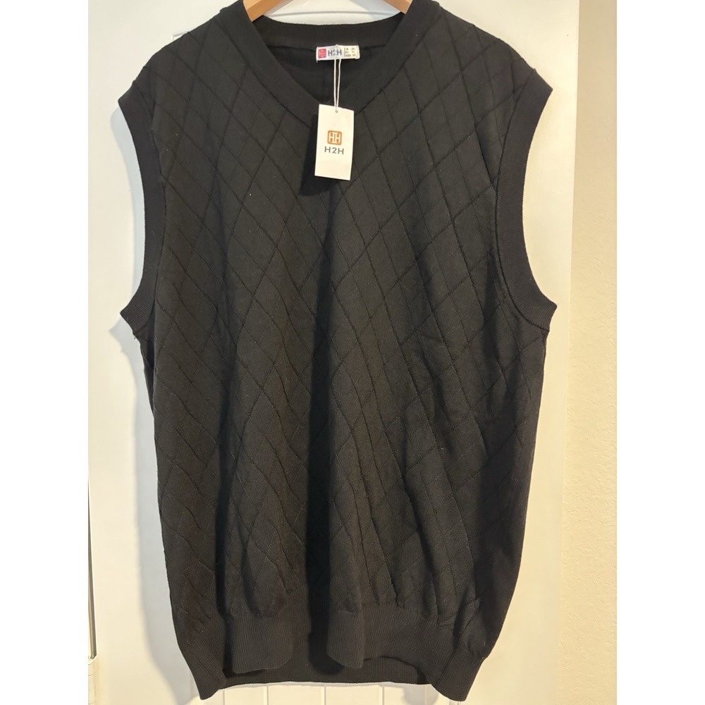 H2H Men's Quilted Knit Sweater Vest 2XL Black  classiccore academia dadcore